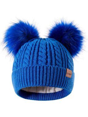 Women's Blue Elastic Birthday Winter Hats Kids Toddler Children Knit Fleece Cap